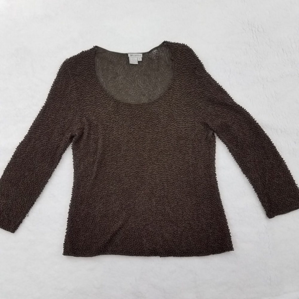 Worth Top M Brown Beaded Scoop‎ Sheer Ball Texture